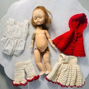 Vtg Doll Early 50s 8" Sleepy Eyes Articulated Crochet Wardrobe for repair